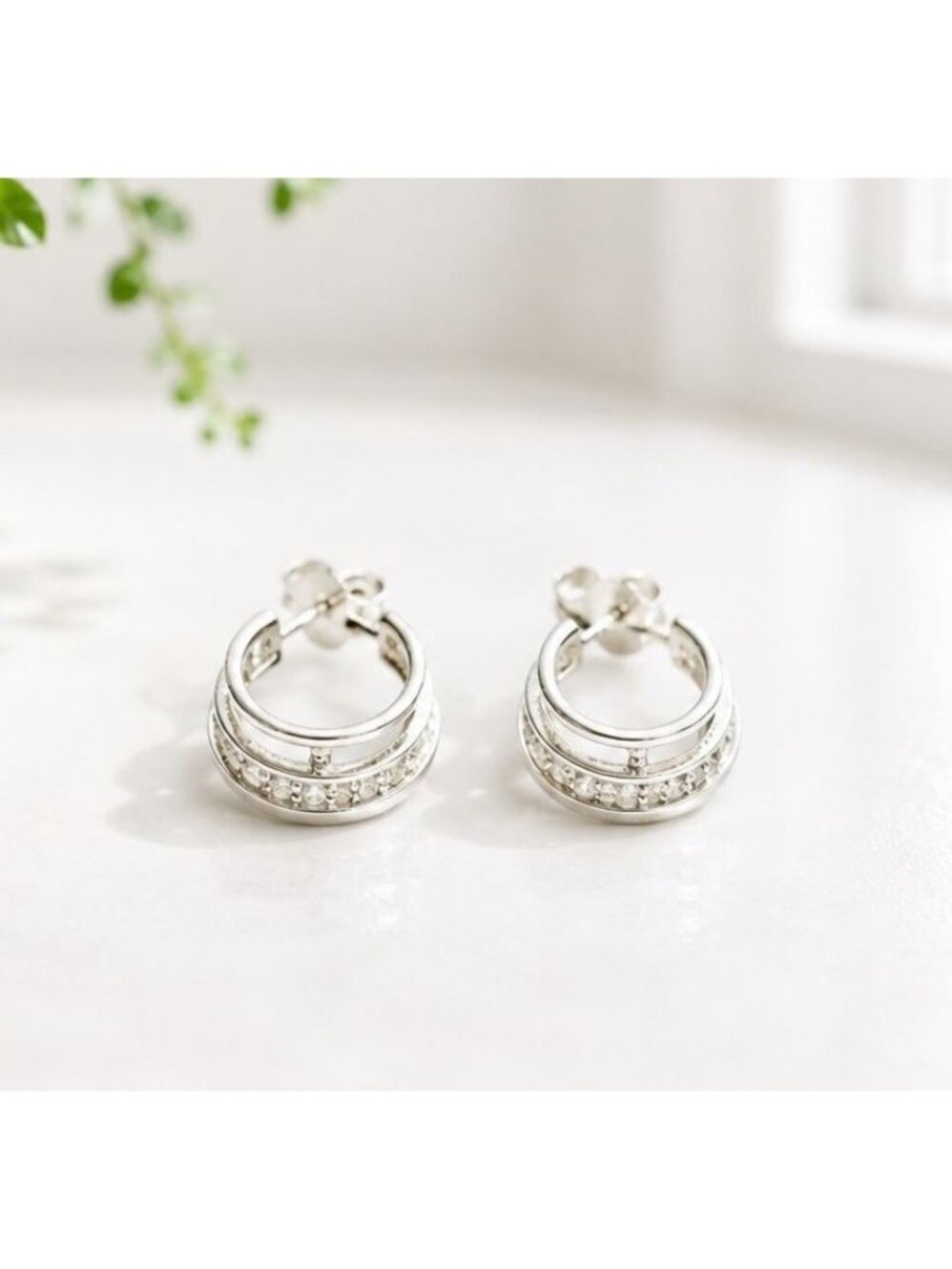 Vintage Silver-Tone Crystal Triple-Band Hoop Earrings 1-Inch Diameter